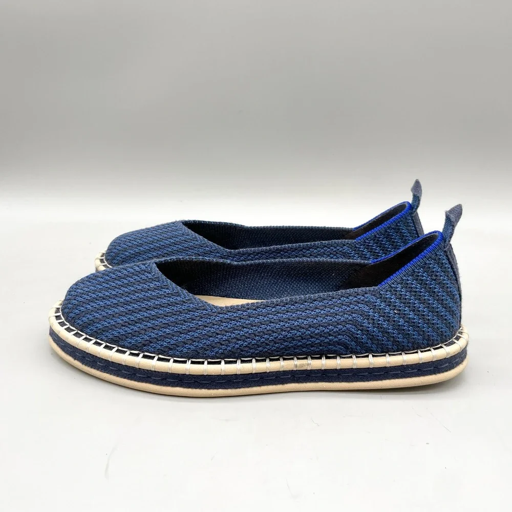 Rothys Womens 7.5 The Espadrille Flats Navy Stipe Knit Coastal Casual Nautical
